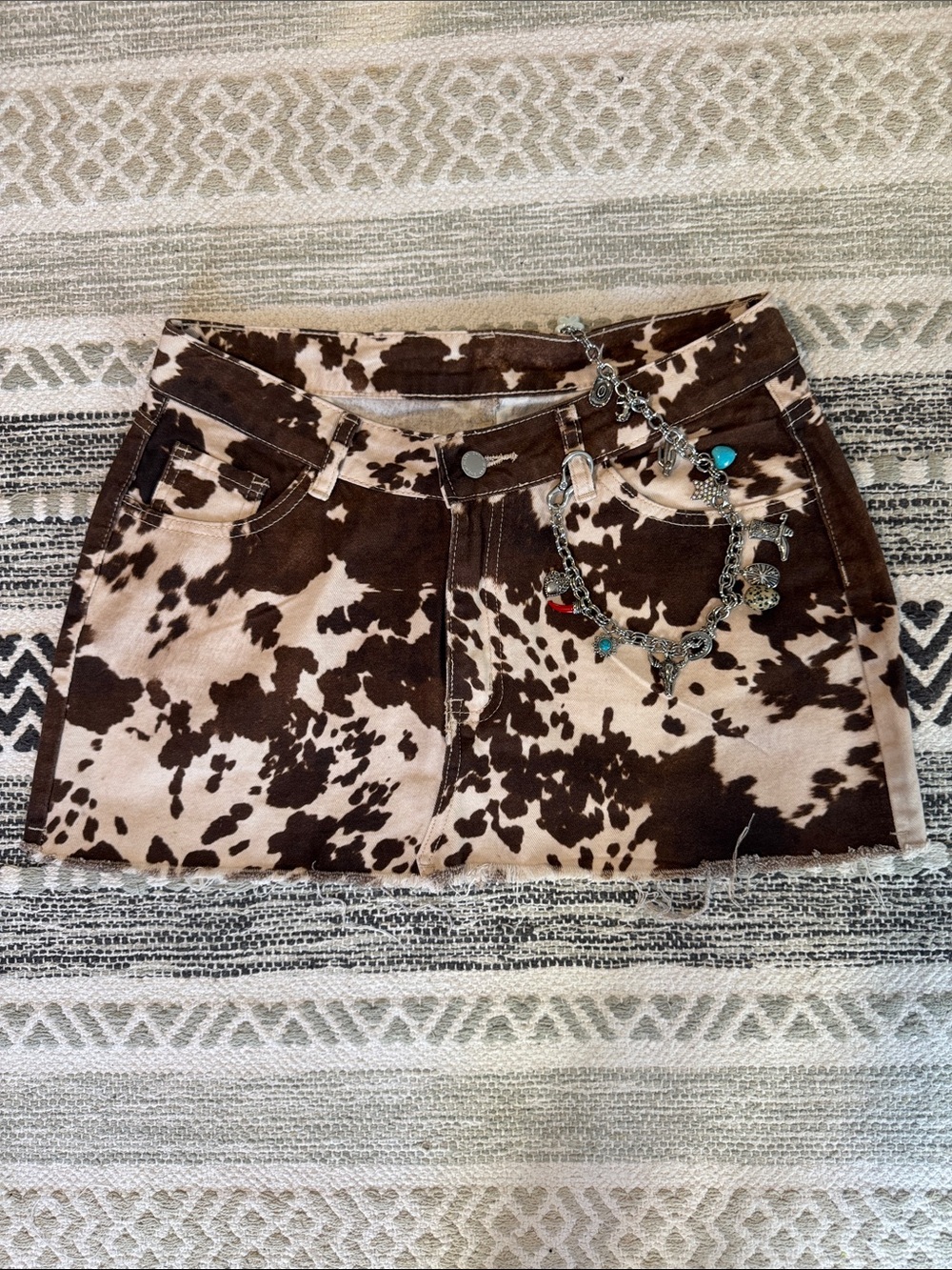 Brown and Cream Cow-Print Denim Mini Skirt